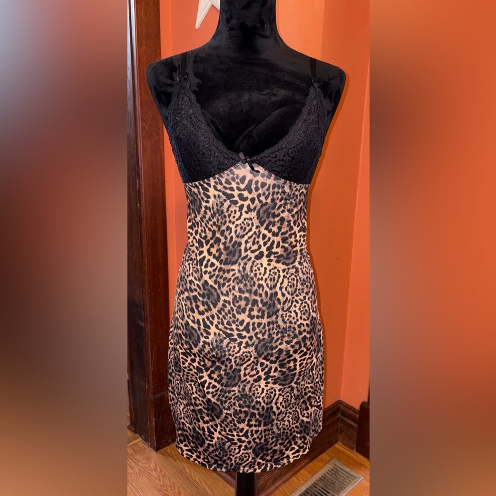 Leopard Print Chemise with Black Lace top
